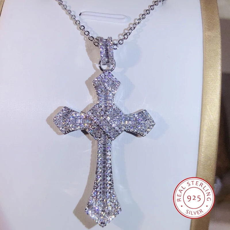 925 Silver Classic Cross Pendant Silver Color Statement Necklace With Zircon Stone Long Chain Necklace for Women Man Religious