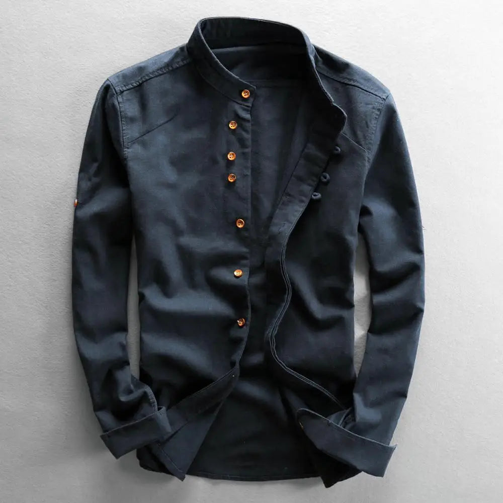 Men Cotton Linen Shirt Formal Retro Chinese Style Long Sleeve Mandarin Collar Casual Shirts Soft Comfort Clothing Plus Size 7XL