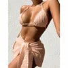 Bandage Halter Bikini Micro Ribbed Bikini 3 Pieces Set 2023 High Waist Swimsuit With Beach 3 Pieces Mesh Skirt