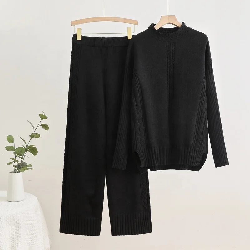 Pullover Thick Knit Sweater Casual Fashion Set Women's Autumn and Winter Loose and Lazy Wide Leg Trouser Set