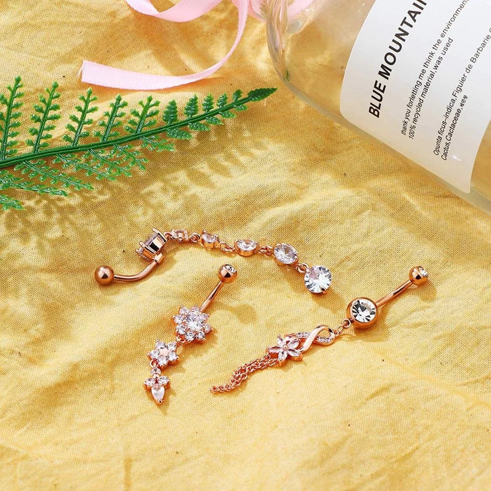 7Pcs/Set 14G Dangle Belly Button Rings for Women Girls 316L Surgical Steel Silver Plated Wedding Navel Ring Body Piercing