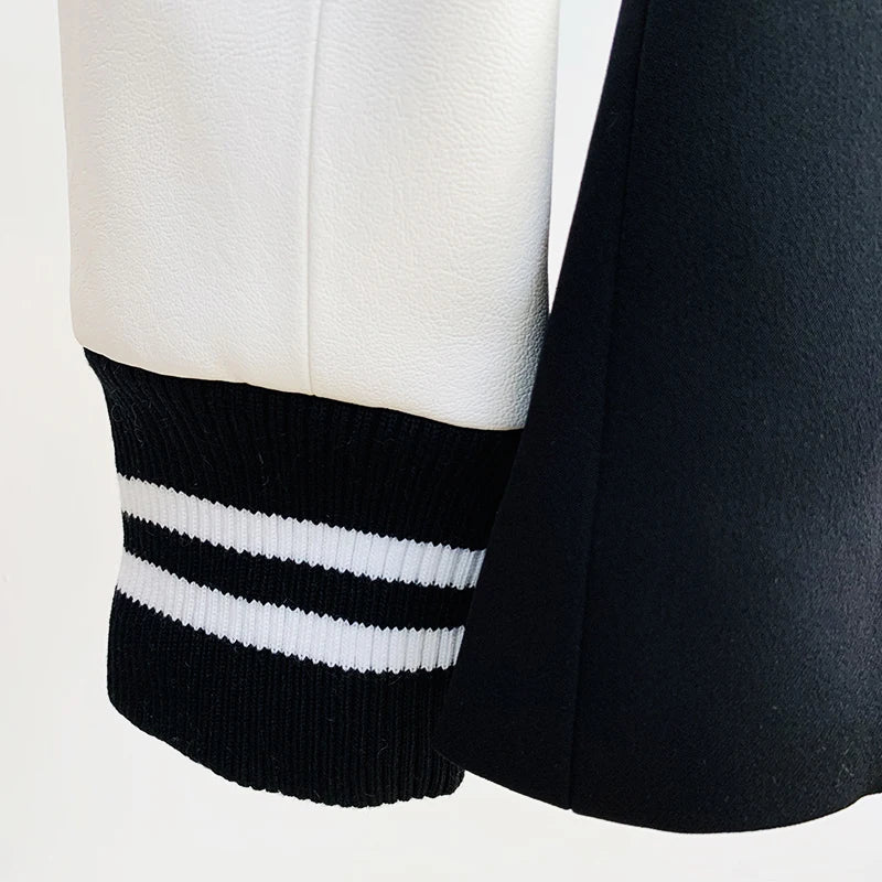 HIGH STREET New Fashion 2026 Classic Varsity Jacket Women's Lion Buttons Double Breasted Leather Sleeve Patchwork Blazer