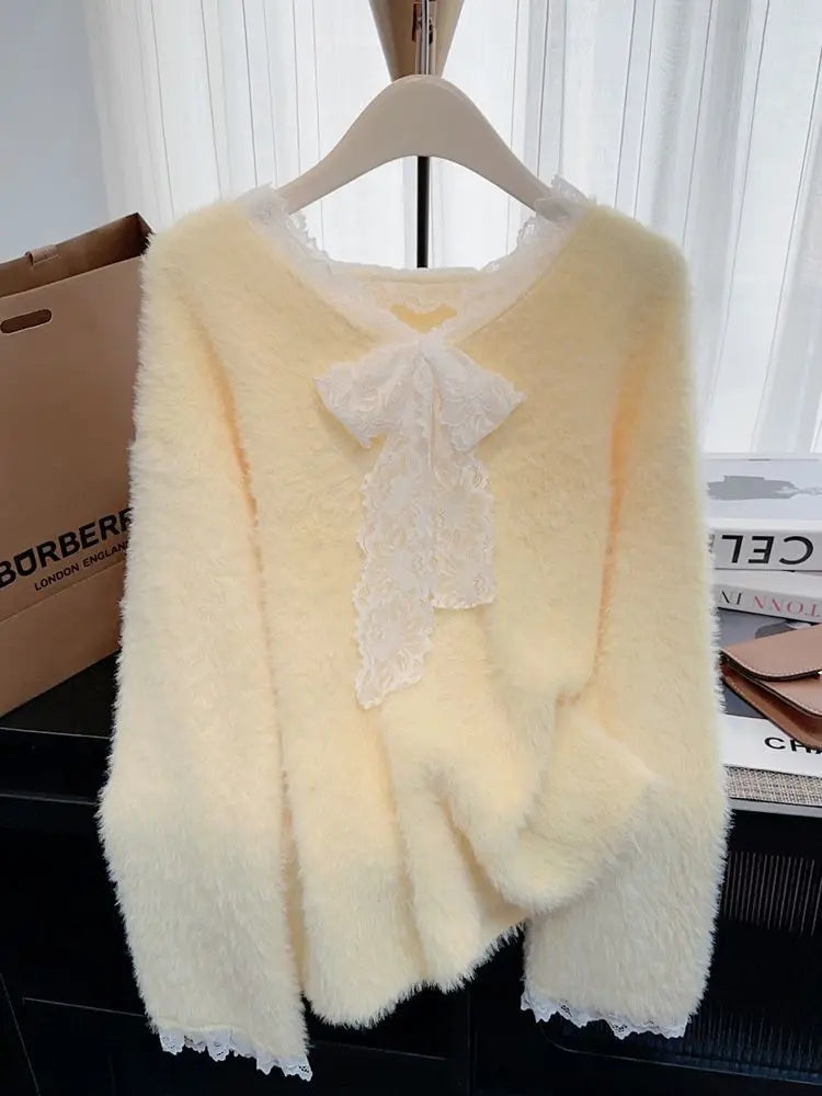 Ladies Casual V Neck Long Sleeve Mohair Lace Sweater Front Logo Patchwork Design Loose Fit