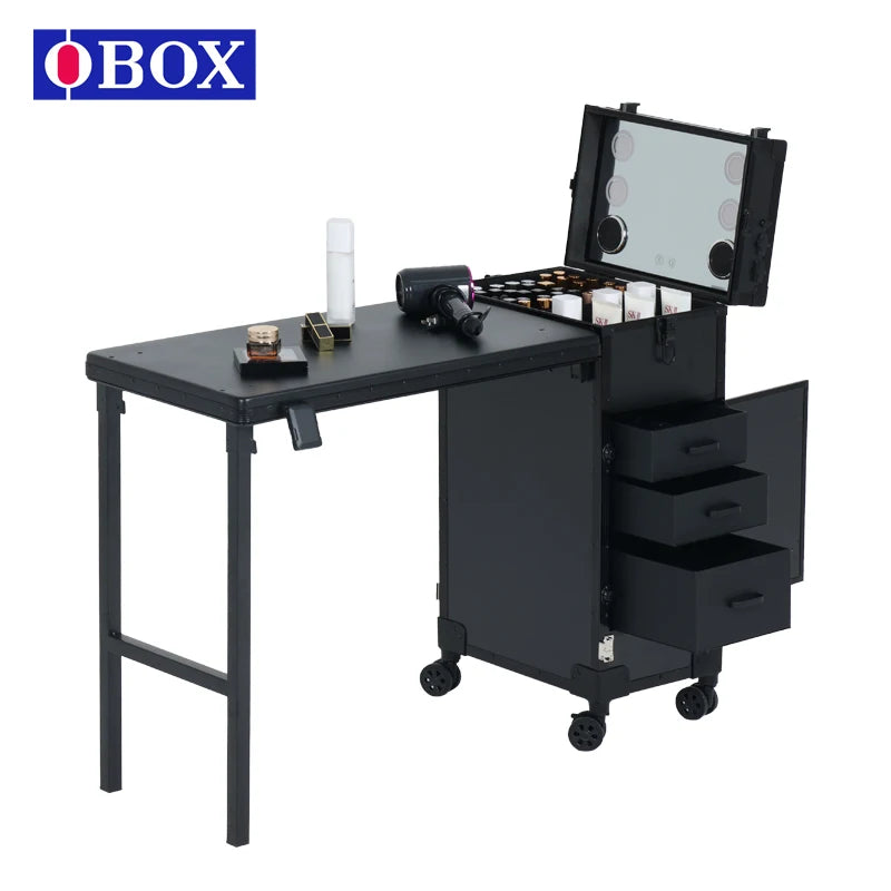 OBox Portable Wood Metal Makeup Rolling Case Manicure Dressing Desk Individual Compartments Foldable Modern/Classic Nail Table