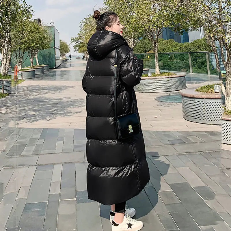 2026 New Thicken Snow Parkas Fashion Windproof Glossy Down Cotton Hooded Women Jacket Winter Loose Long Coat 4XL Ladies Outwear
