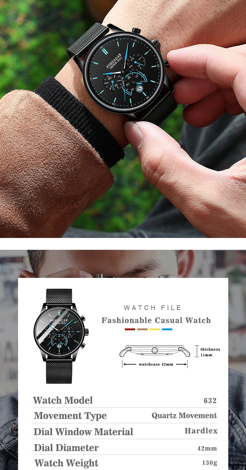 POEDAGAR Men Watch Fashion Chronograph Slim Stainless Steel Mesh Quartz Men's Wristwatch Waterproof Luminous Date Sport Watch
