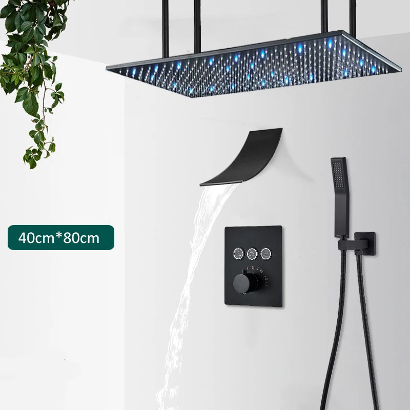 Luxury Black LED Thermostatic Shower Faucet Large Rain Waterfall Shower System Button Control Thermostatic Mixer Tap Bath Shower