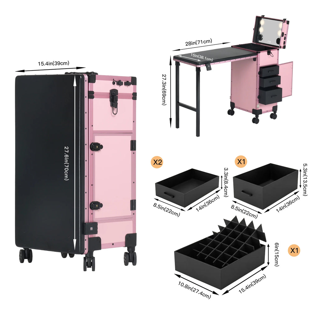 OBox Portable Wood Metal Makeup Rolling Case Manicure Dressing Desk Individual Compartments Foldable Modern/Classic Nail Table