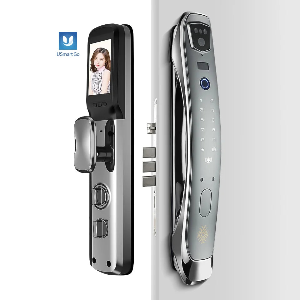 USmart GO APP Control Rechargeable Battery Zinc Alloy Smart Fingerprint Door Lock 3D Face Recognition Camera Cloud Storage Wood
