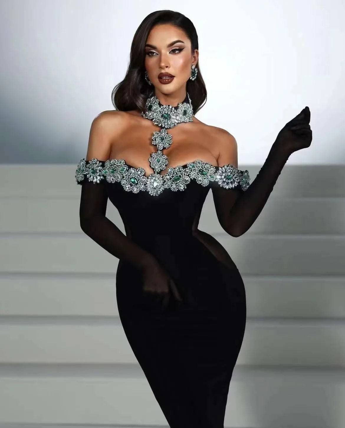ED2679 High Quality Women Fashion Crystal Dress Women Rhinestone Dresses With Sleeve Bandage Dress