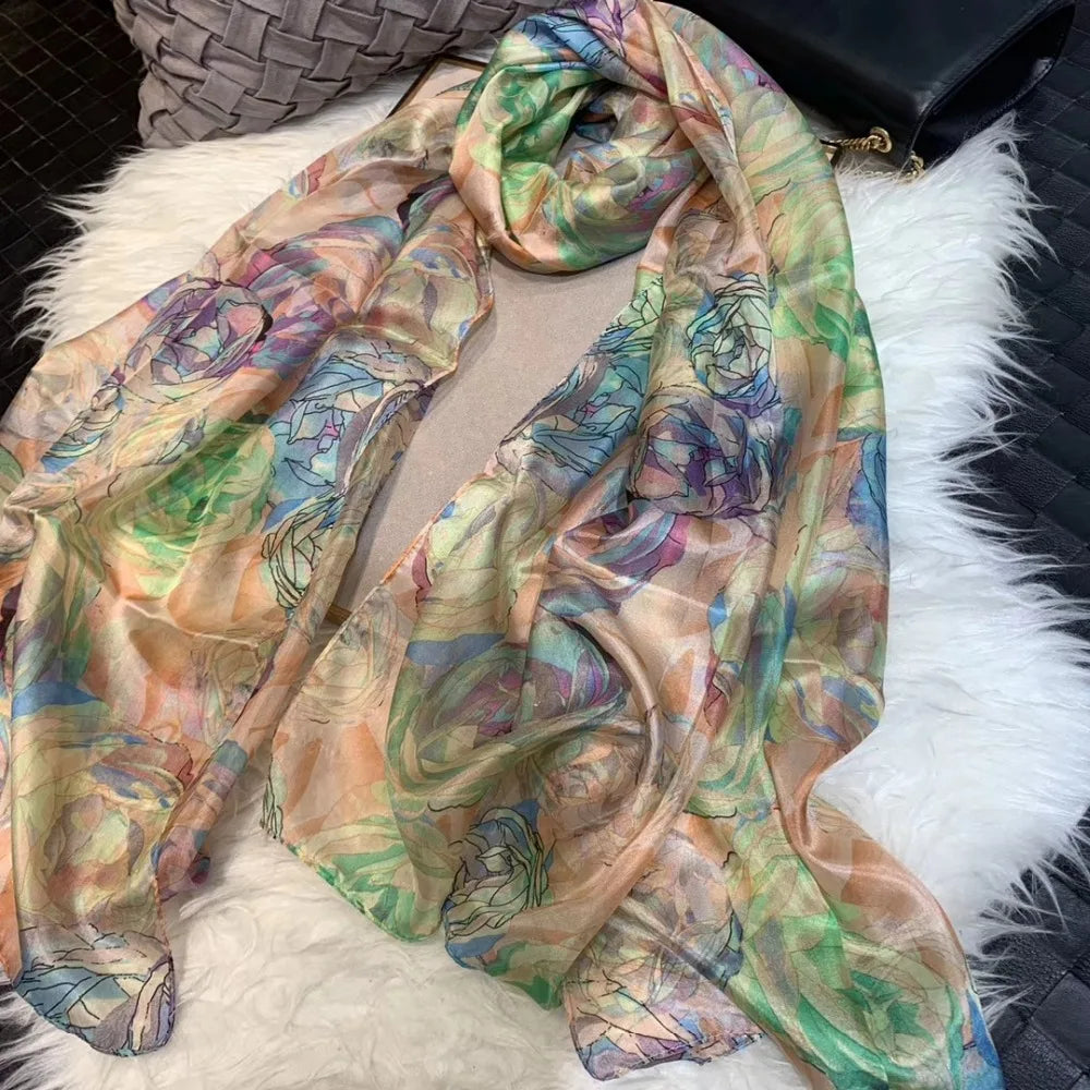 BYSIFA| Ultralarge Spring Fall 100% Mulberry Silk Scarf Beach Wrap Brand Female Long Scarves New Red Floral Silk Scarf Shawl
