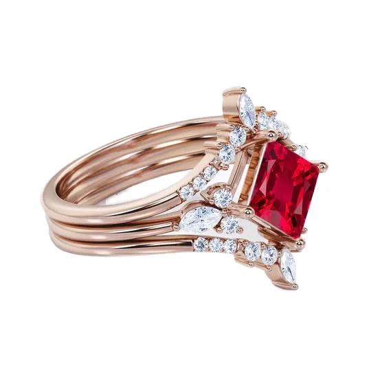 925 Sterling Silver 18K Gold Plated Princess Cut Lab Created Ruby Classic Solitaire Double Crown Engagement Ring for Party
