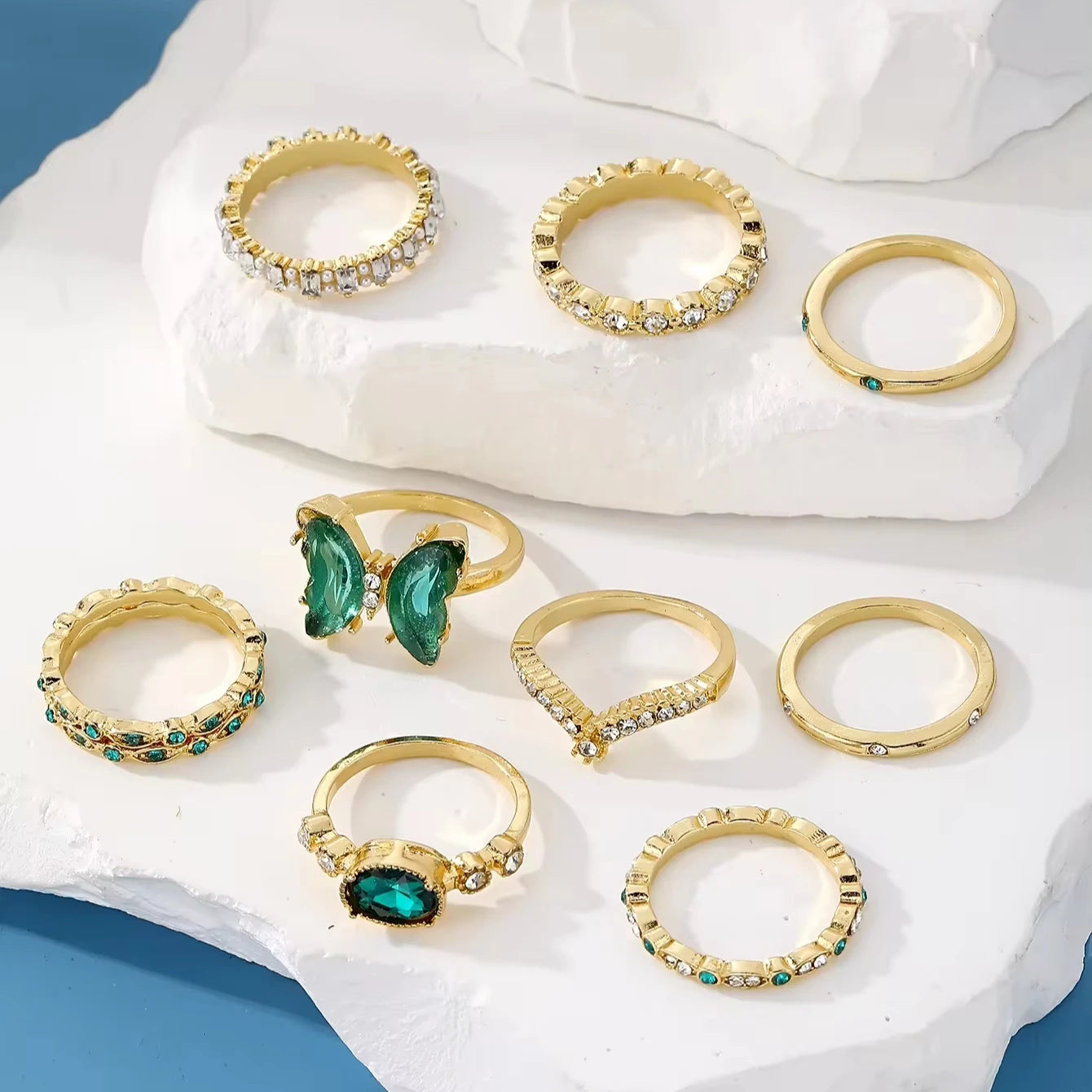 Wholesale New Fashion Green Stone butterfly Snake Gold Ring Set for Women Jewelry Heart Diamond Finger Knuckle Rings Set
