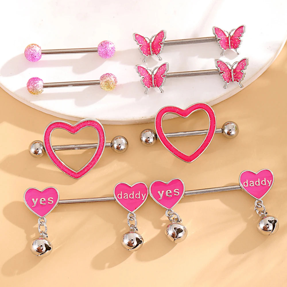 4-Pair Set Personalized Pink Oiled Heart-Shaped Bell Stainless Steel Nipple Rings Wedding Chest Piercing Jewelry Gift for Women