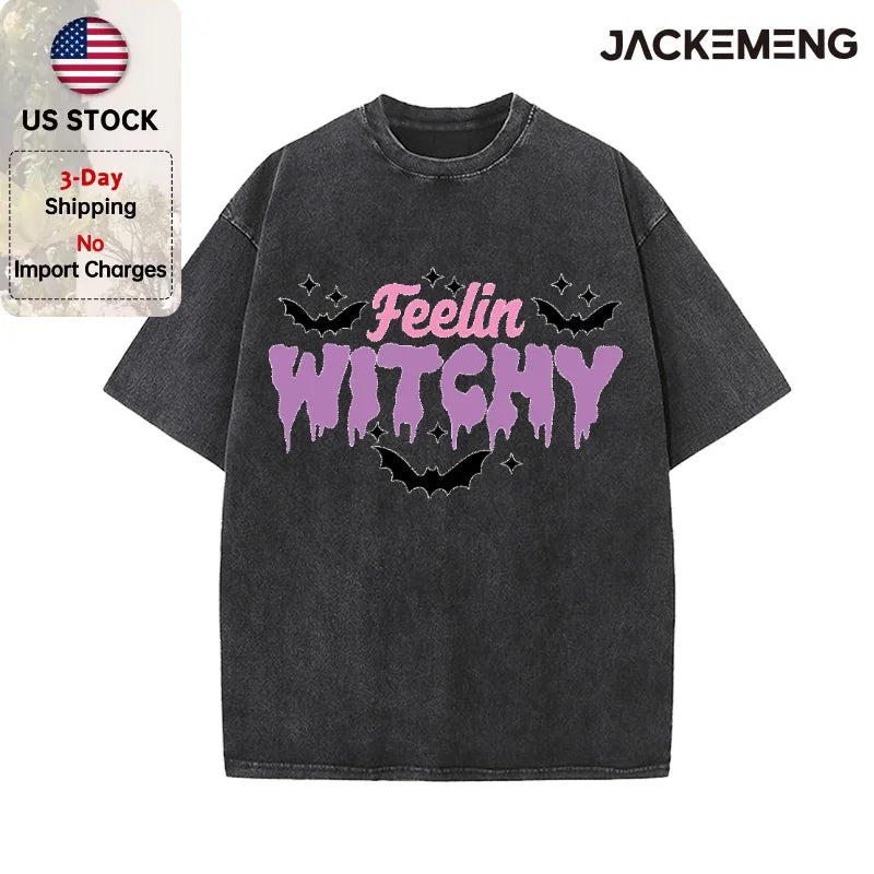 Oversized Washed Retro Halloween Streetwear Print T Shirt USA Stock Wholesale Y2K Casual Tee