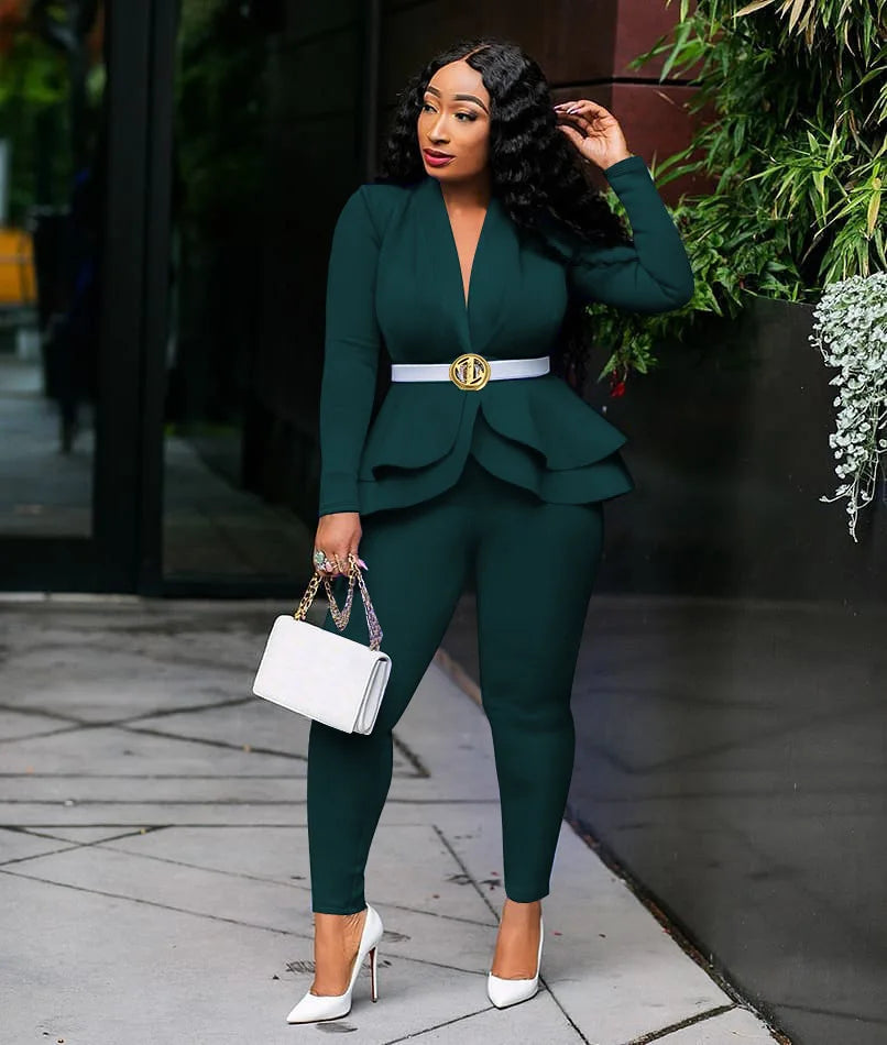 New 2025 Women Long Sleeve Solid Ruffles Design Top & Skinny Pencil Pant Sets Two Piece Set Women Outfits