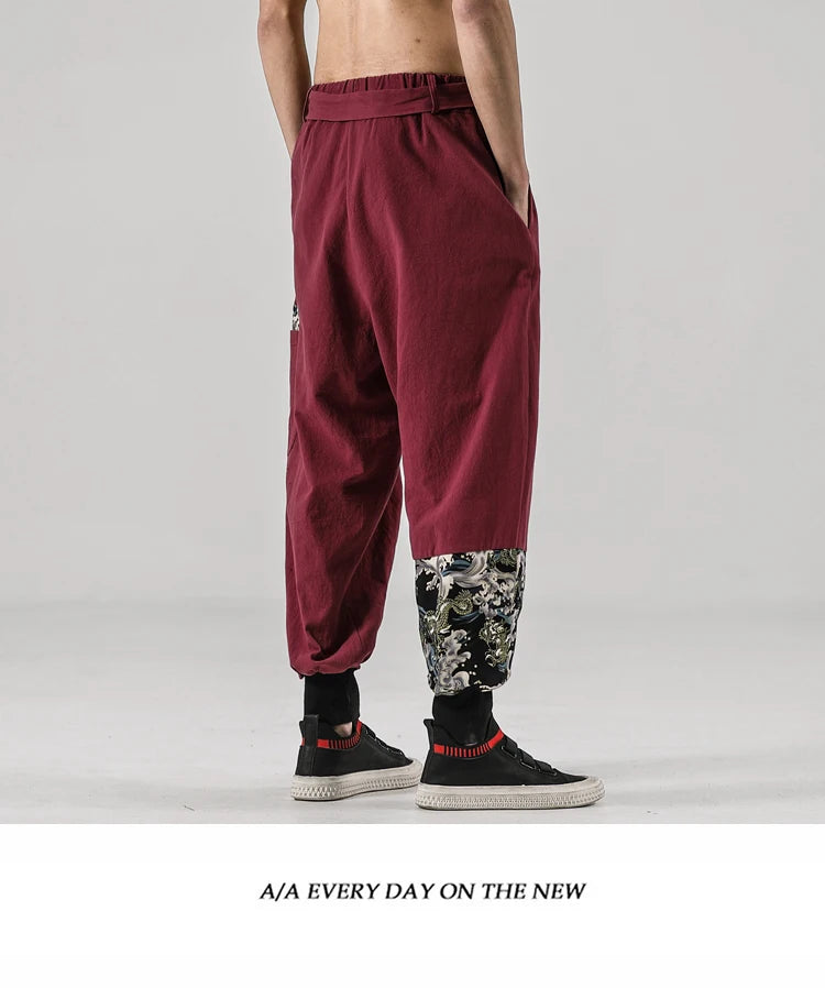 2024 Autumn Men Linen Harem Pants Mens Vintage Chinese Style Cotton Trousers Man Streetwear Pants Male Print Cross Crotch Pants