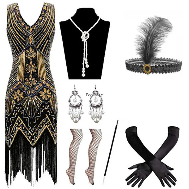 Halloween Cosplay Dress for Women 1920s Vintage Flapper Long Fringe Beaded Gatsby Party Dress With 20s Accessories Set
