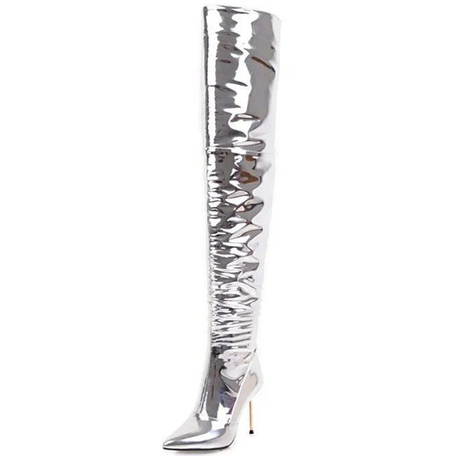 Shiny Silver Super High Thin Heel Thigh High Women Boots Over the Knee High Winter Women Stiletto Shoes Super Long Boots
