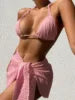 Bandage Halter Bikini Micro Ribbed Bikini 3 Pieces Set 2023 High Waist Swimsuit With Beach 3 Pieces Mesh Skirt