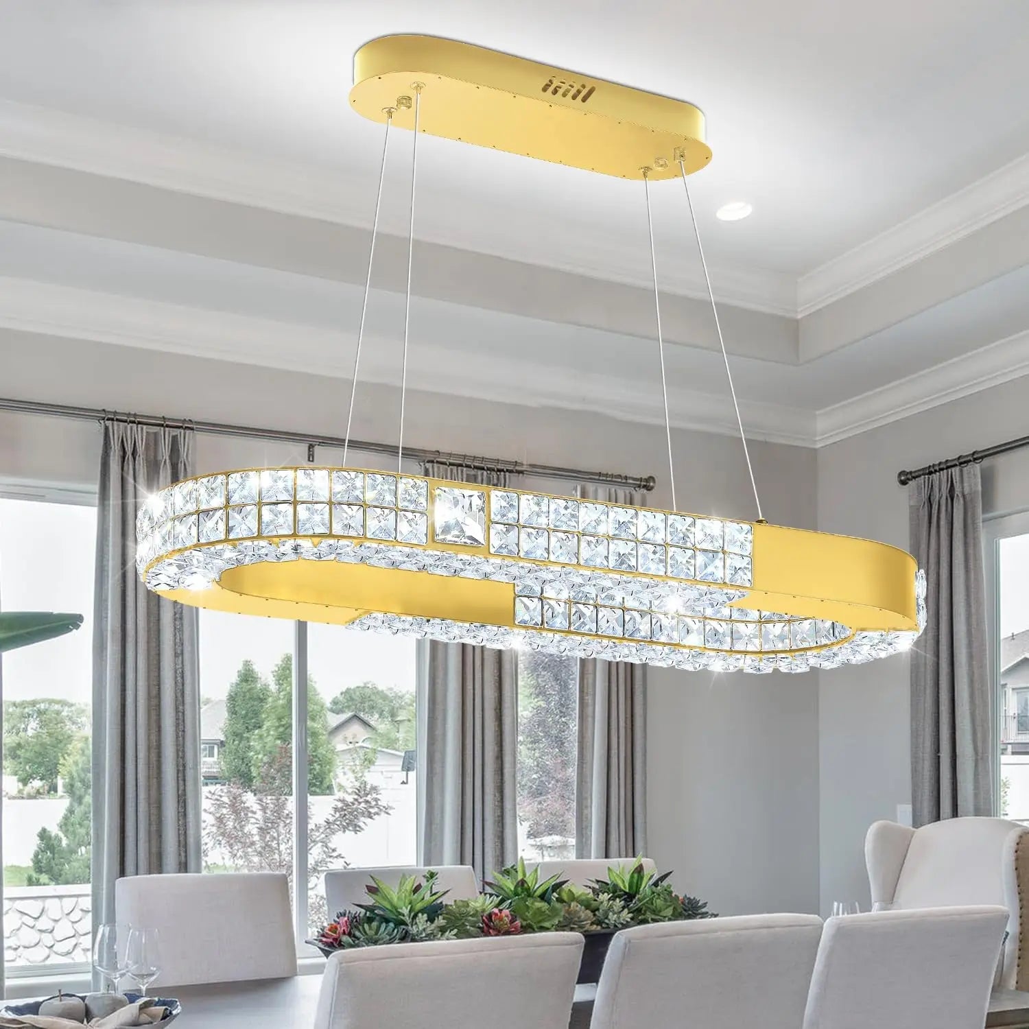 Oval Crystal Chandelier,LED Ring Chandelier for Kitchen Island Modern Linear Oval Chandeliers for Dining Room