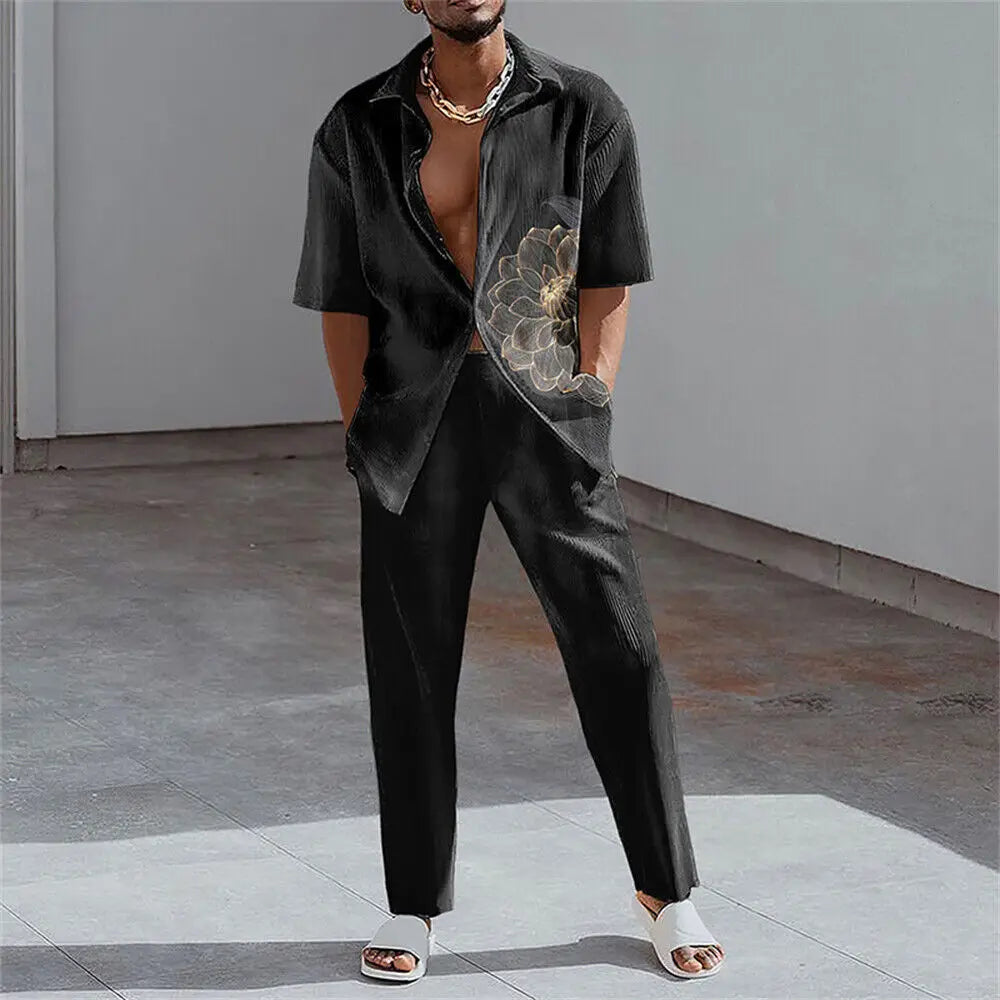S-5XL Trendy and Fashionable Lapel Short Sleeved Shirt Loose Pants Casual Sports Set
