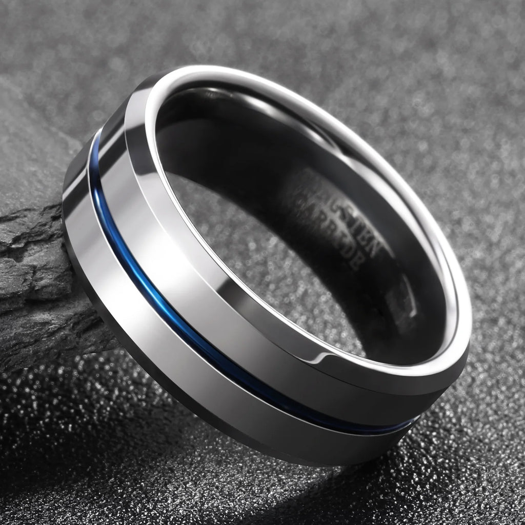OAHLAN 8mm High Polished Tungsten Carbide Rings Blue Line Grooved Anti Rust for Mens Wedding Engagement Anniversary Gift Jewelry