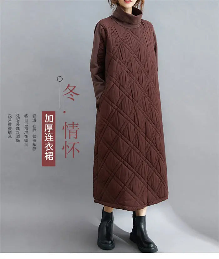 Retro Quilted Diamond Dress Thick Stitching Warm Autumn Winter Clothing New Women's High-Neck Casual Long Tunic y750