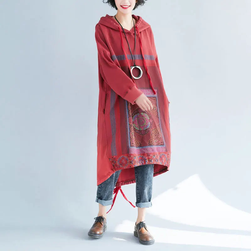 Plus Size Women's Winter Hoodie Sweatshirt Dress Drop-Shoulder Sleeves Oversized Print Pocket Trendy Hooded Pullover
