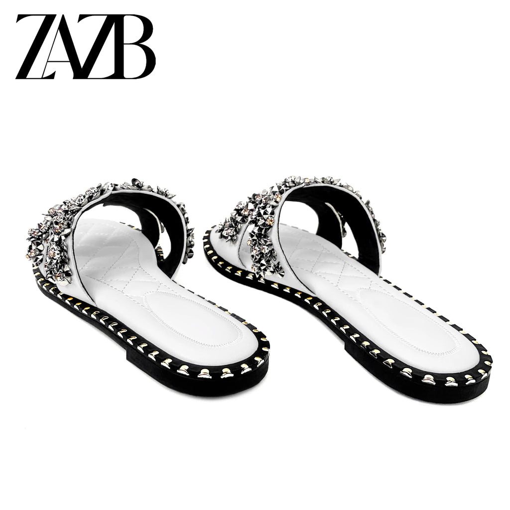 New Wholesale Design Summer square Head Leather European and American Open Toe Flat Shoes Black Womens slippers Sandals