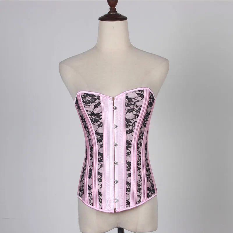 Pink Corset Top Lingerie Women Sexy Lace Floral Boned Overbust Bustier Waist Cincher Body Shaper Burlesque Corselet Sexy Costume
