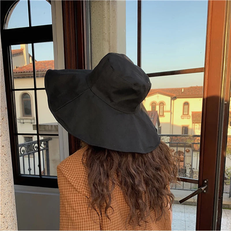 Japan and South Korea Big Brim Hat Women's Spring Summer Foldable Travel Sun Hat Cotton Linen Round Bandage Bow Fisherman Hat