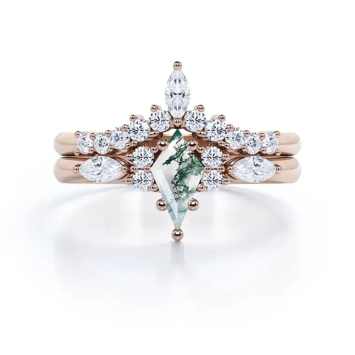 925 Sterling Silver Moss Agate Luxury Certified Wedding Ring Two Layer Geometric Statement Ring Elegant Engagement Party Gift