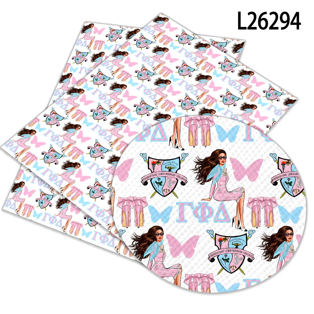 Sorority Gamma Phi Delta Pattern Faux Leather for Upholstery Mini Bag Phone case Decoration  Bow Making Synthetic Leather