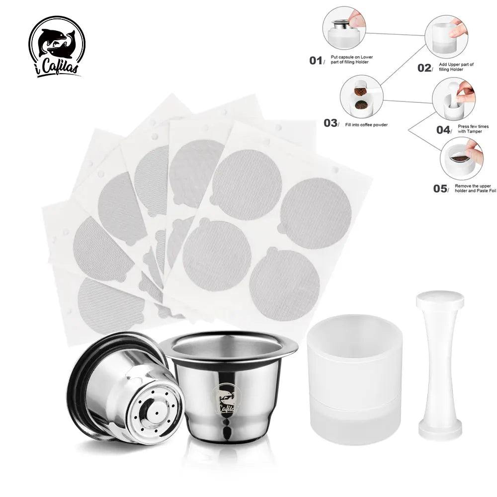 Icafilar Reusable Coffee Capsule Pod for Nespresso Stainless Steel Espresso Crema Coffee Filter Aluminum Foils Lid Tamper Dosing