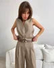Enyami Minimalist Office Casual Co Ords Outfits V Neck Buttons Vest High Waist Wide Leg Pants Suits 2 Two Piece Sets Women