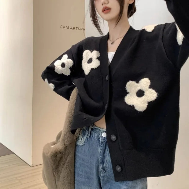 Women's Casual Cardigan New Fall V-Neck 3D Embroidered Floral Knit Sweater