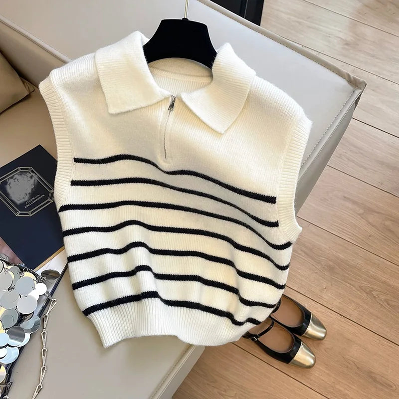 Retro Collar Zipper Striped Knitted Vest Sweater Autumn Winter Camisole Top for Women Clothes Wholesale