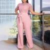 Women's Casual Satin Jumpsuit with Sexy Lace Cutout Short Sleeve High Waist Halter Collar Button Decoration