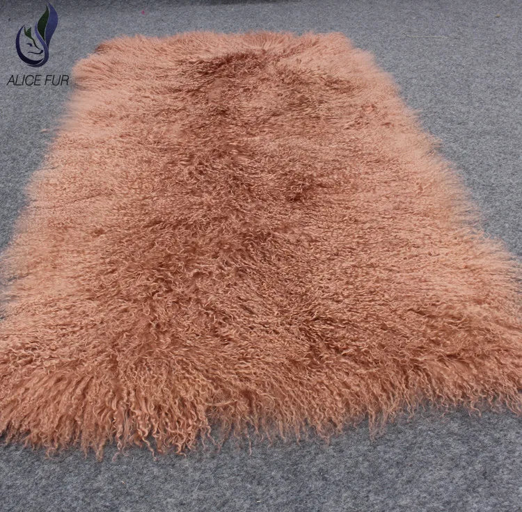 Natural Raw Mongolian Sheep Fur Blanket Garment with Long Curly Hair