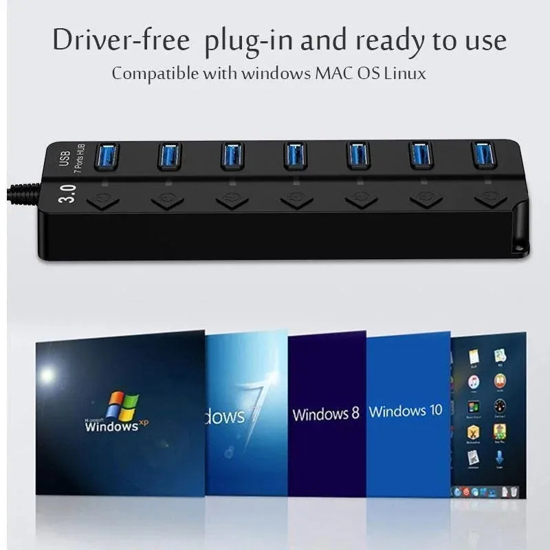 4/7-Port USB 3.0 Hub with LED Indicator Independent Switch Control for Laptop Flash Drive Hard Disk Printer Camera Keyboard