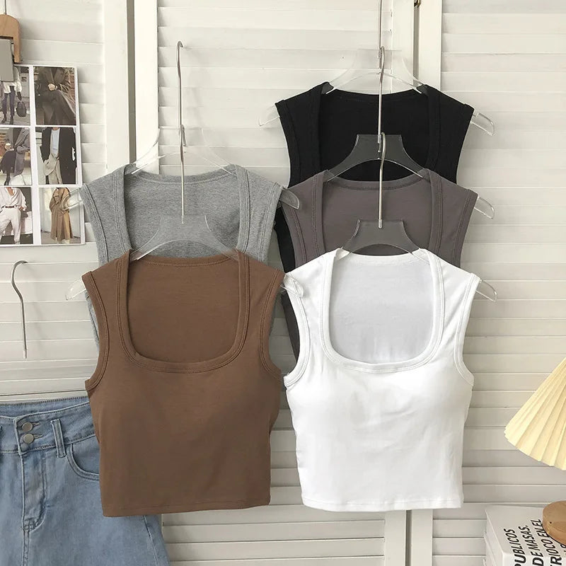 Women 2024 Summer With Chest Pad Square Collar Wide Shoulder Back Heart One Cup to Wear Sexy Inside Vest