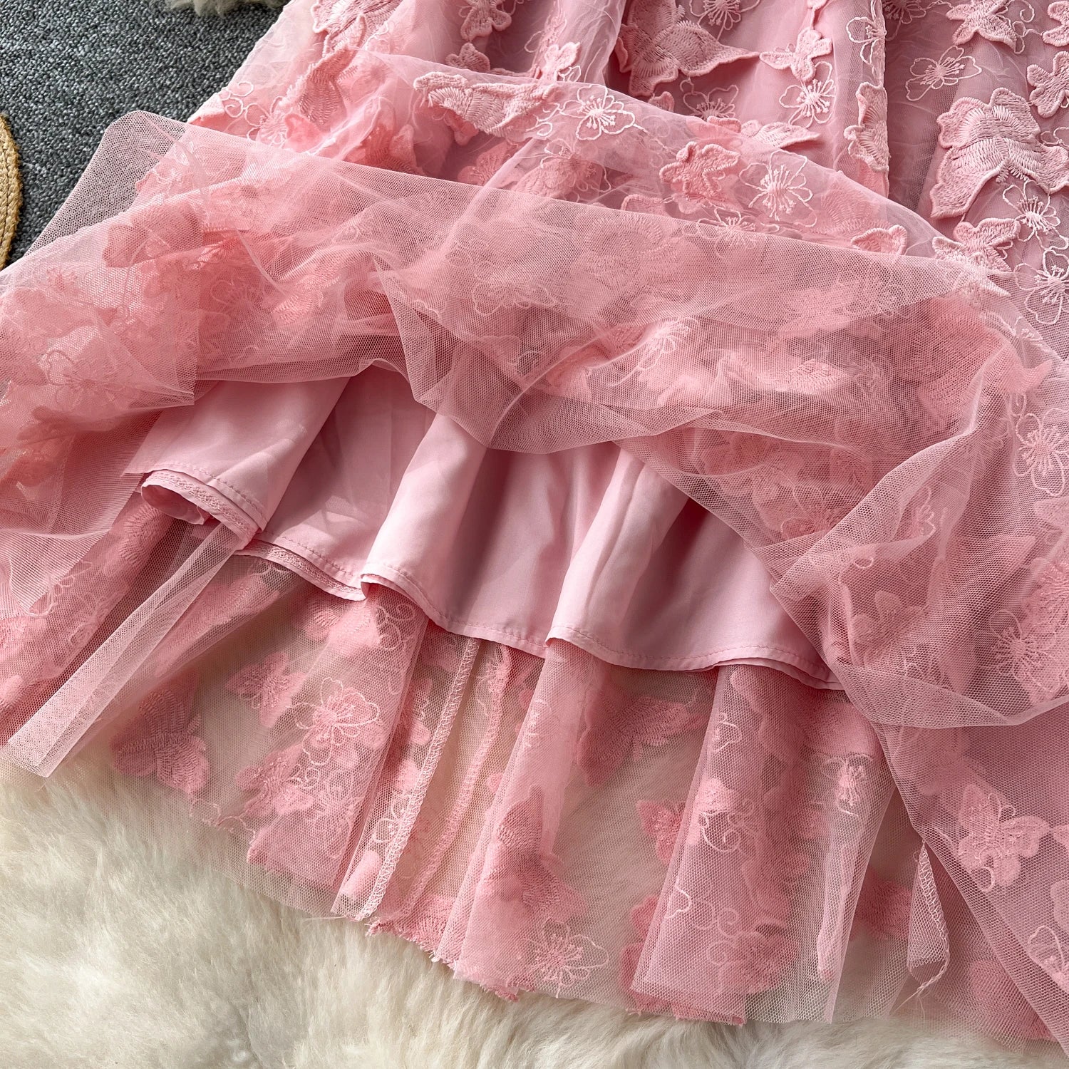 LE2666 Heavy Three-Dimensional Butterfly Embroidery Mesh Skirt Female 2024 New High-Waisted Mid-Length A-Line Fairy Skirt