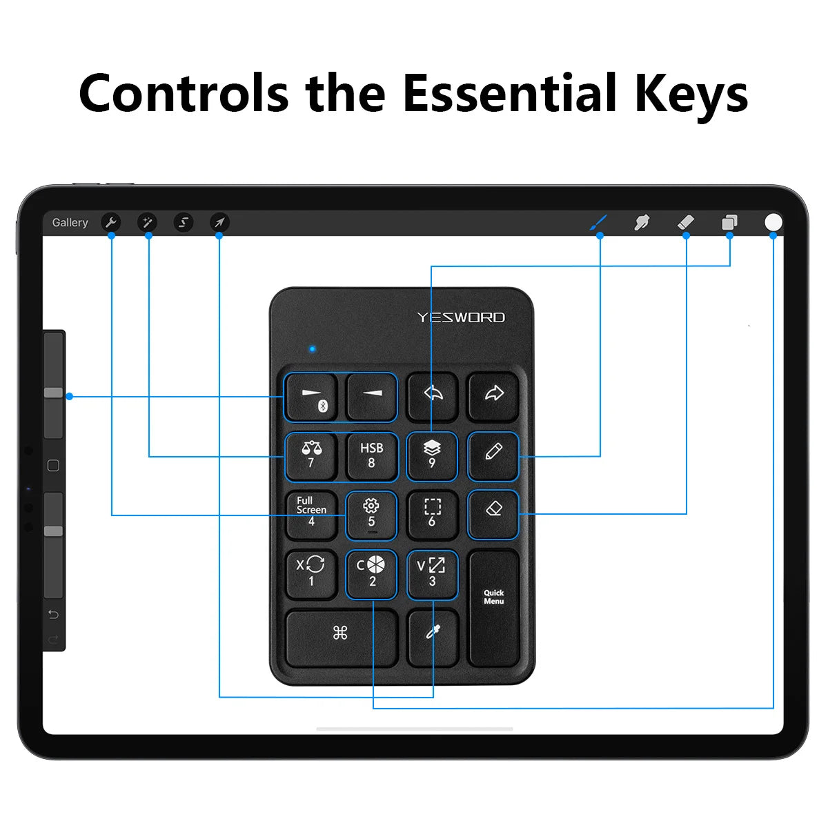 YESWORD Wireless Keyboard for Procreate Bluetooth Drawing for iPad Graphics Tablets Painting 6.5*5.5" Rechargeable PK Aoiktye 2
