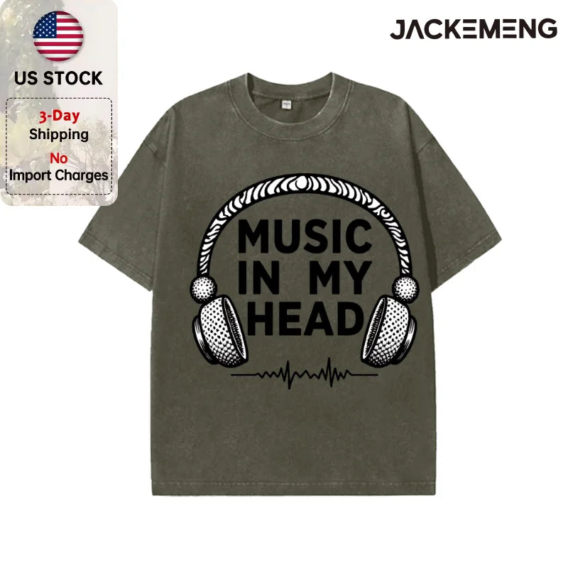 Oversized Washed Retro Music Headphone Streetwear Print Tshirt USA Stock Wholesale Y2K Casual Tee