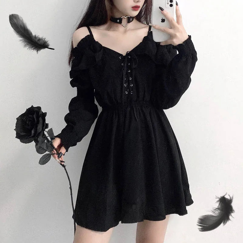 Zoki Harajuku Gothic Women Dress Y2K Summer Sexy Off Shoulder Black Bandage Mini Dress Fashion Elegant Party Night Vestidos New