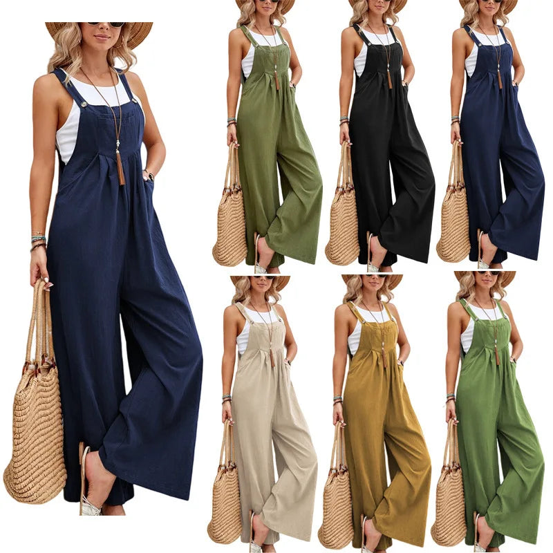 2025 Women's Summer Retro Style Jumpsuit New Style Solid Color Casual Strap Pants Loose Fit Breathable with Art Retro Pocket