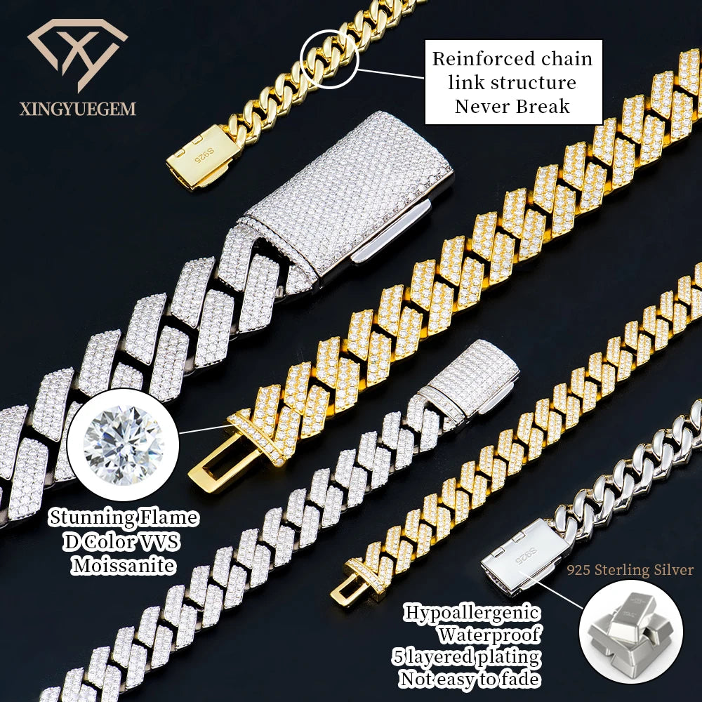 Wholesale Custom 8 10 12 14 18 20 mm 925 Sterling Silver Hiphop Jewelry Iced Out Diamond Moissanite Mossanite Cuban Bracelet