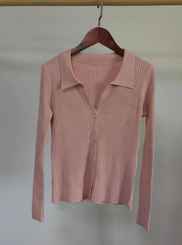 Lapel Slim-fit Coat Pit Strap Buckle Sexy V-neck Fashion Long-sleeved Cardigan Sweater Woman