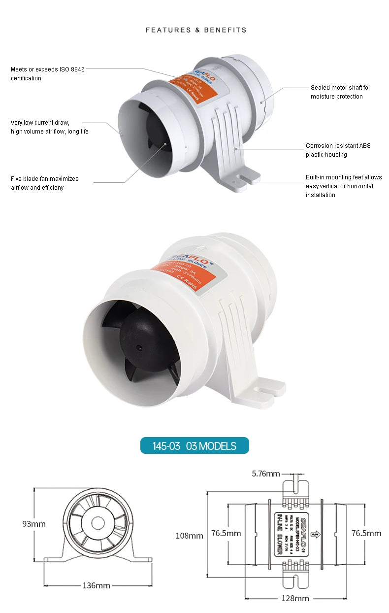 12V/24V 40A  ABS Quiet Air Blower Water Resistant High Air Flow In-Line Blower Marine Bilge Boat Blower Motor Plastic